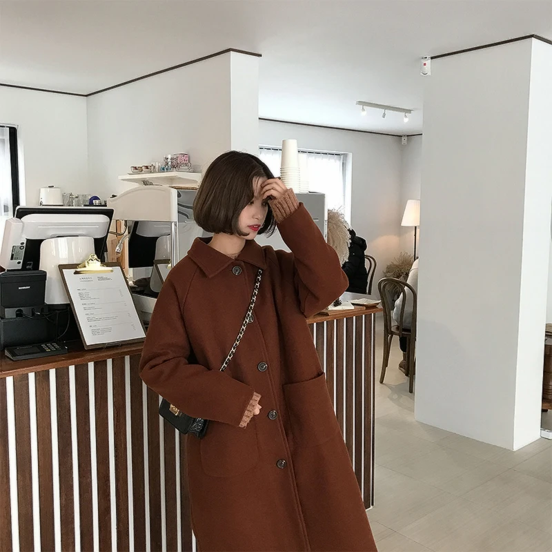 2 цвета осенне зимнее корейское однобортное шерстяное пальто средней длины с