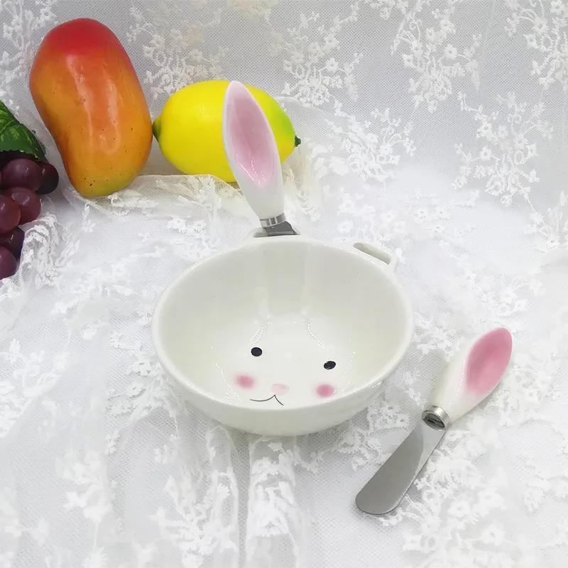 Керамическая миска Салатница с совком рисовая для фруктов детская розовая