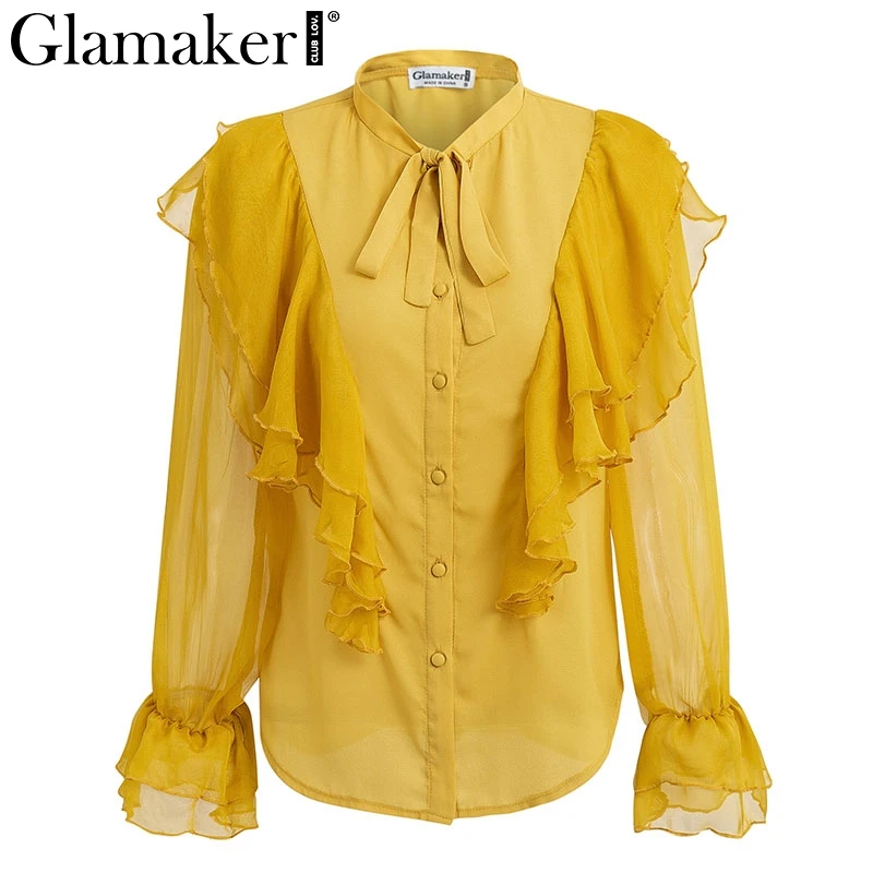 Glamaker шифоновая Сексуальная Элегантная блузка Футболка женская летняя блузка с оборками и v-образным вырезом женская блуза с длинным рукавом-фонариком повседневные женские блузки