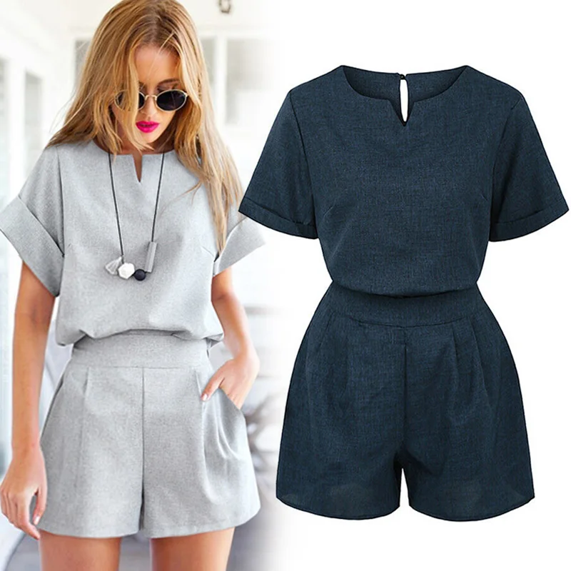 

Women Roll-up Short Sleeves Tops + Elastic Waist Shorts for Summer MC889