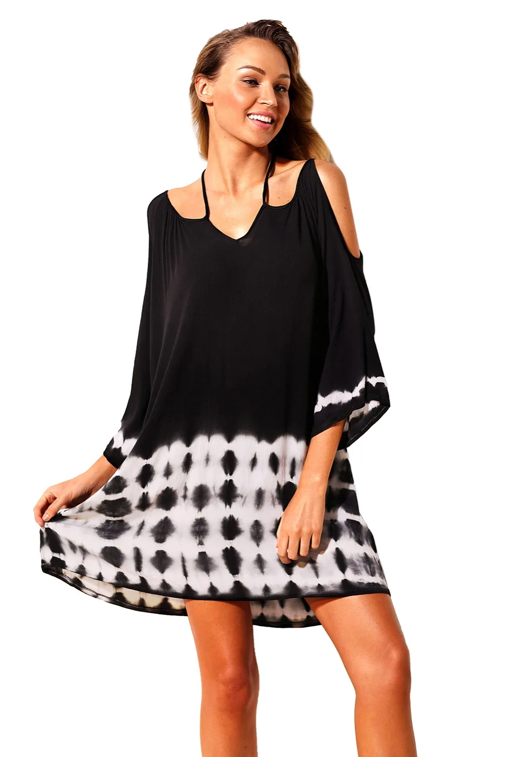 Black Navy Tie Dye Detail Cold Shoulder swimsuit cover up summer beach dress tunic long sleeve coverups for women 2018 |