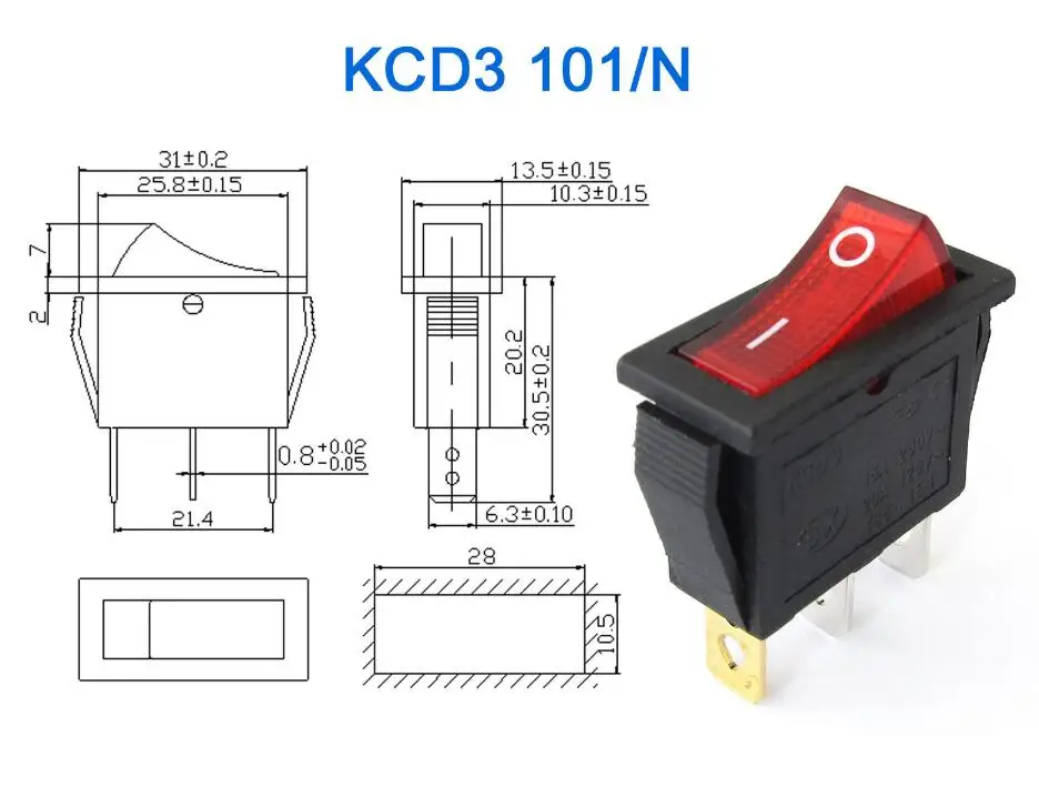 5 шт./лот KCD3 16a 250 в/20a 125 в 3 контактный вкл./выкл. Красный кнопочный переключатель