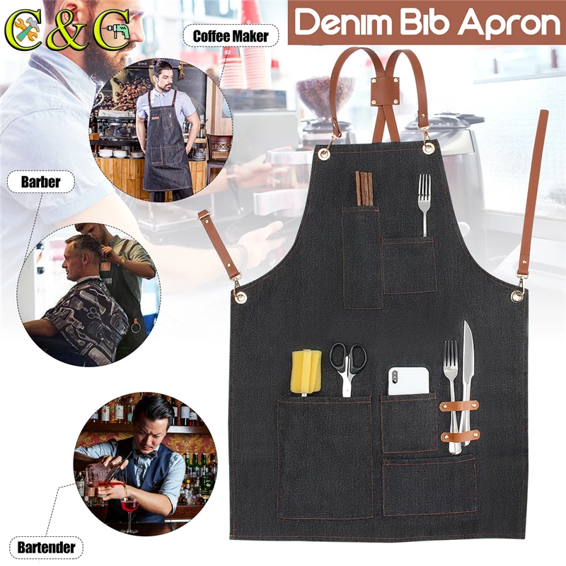 

Denim Bib Retro Aprons Leather Strap Barista Barber Bartender BBQ Chef Practical Multifunctional Workwear Uniform
