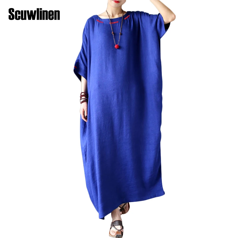 

SCUWLINEN Vestidos 2019 Summer Dress Vintage Batwing Sleeve Embroidery Plus Size Long Linen Dress Women Casual Loose Robe X0175