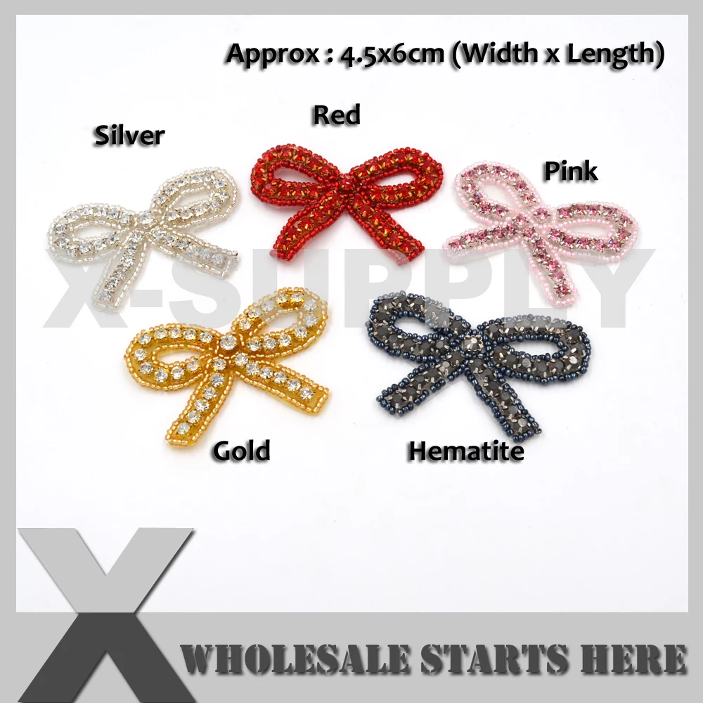 

(5pc/lot) Retail Bridal Bow Rhinestone Appliques Iron On Beaded Patch for Headbands, X1-RAT2475