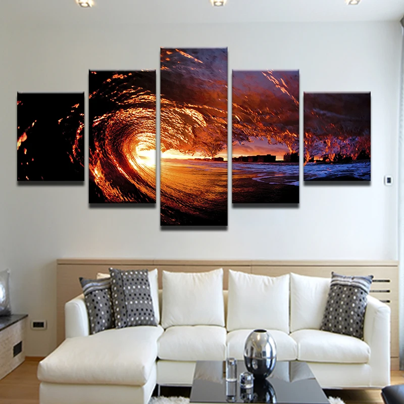 Modern Canvas Wall Art Pictures Frame Home Decor HD Printed 5 Pieces Sunset Sea Waves Poster Beach Sun Seascape Painting | Дом и сад