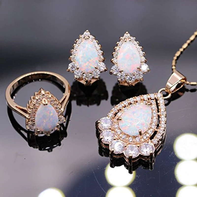 Elegance White Opal With Zircon Set Gold Jewelry Ladies Anniversary Gift Ring Earrings Necklace | Украшения и аксессуары