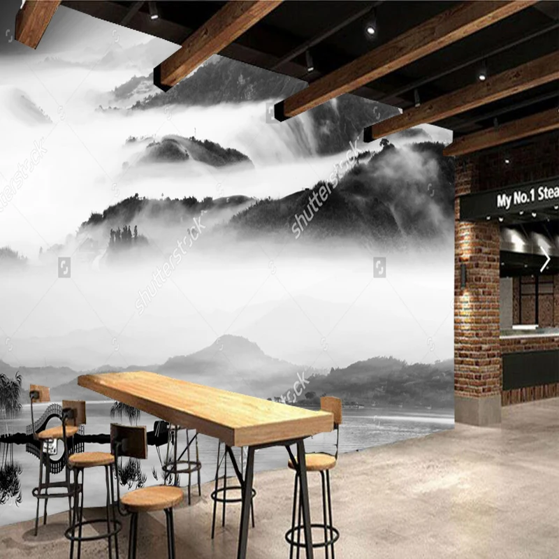 Обои с китайским пейзажем картина Горным озером ретро фрески для гостиной