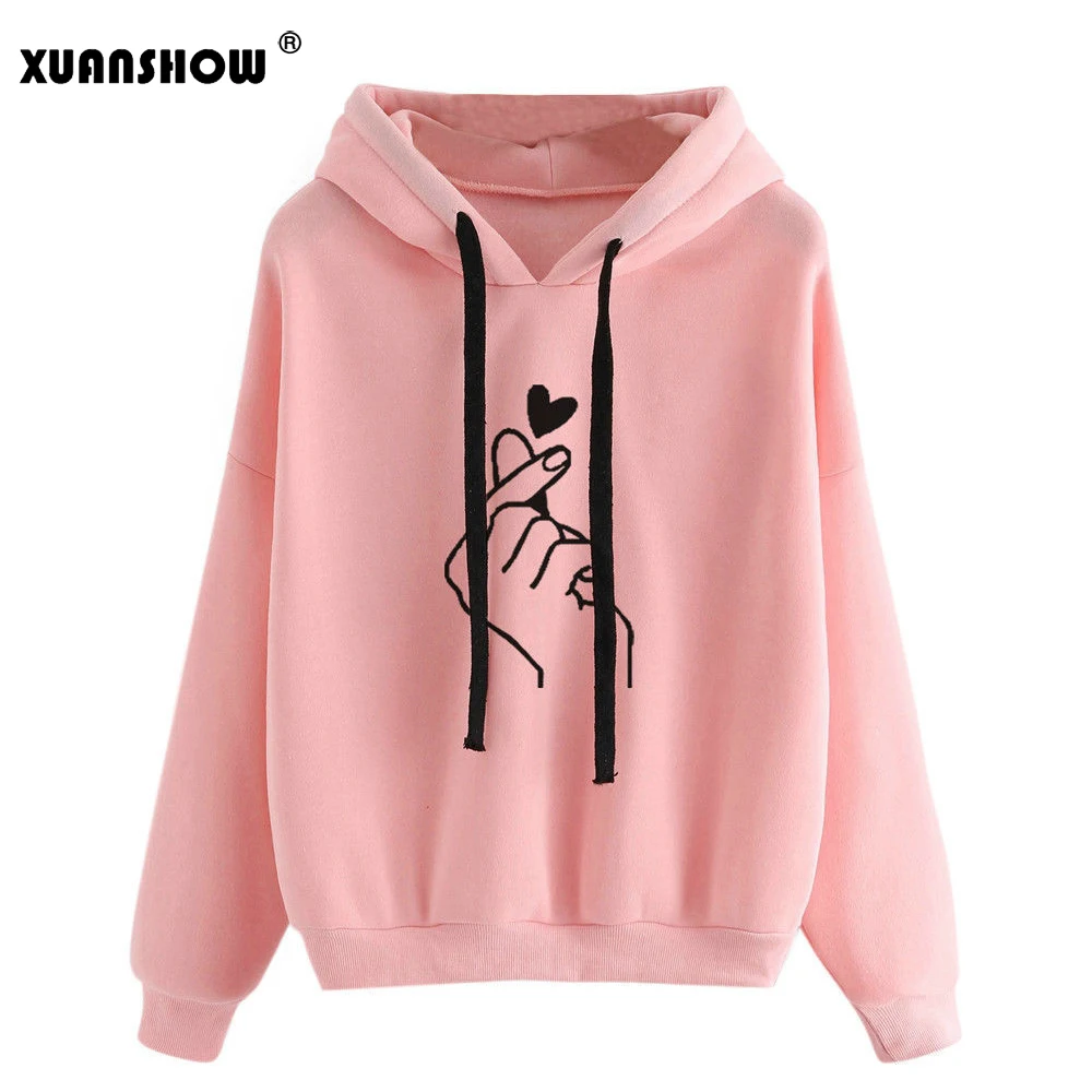 Pink XUANSHOW унисекс, женские толстовки, повседневные толстовки с длинными рукавами и принтом в виде сердца, милый пуловер, топы, толстовки - Цвет: Pink