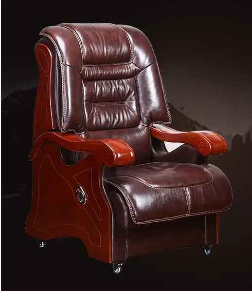 Boss chair leather reclining office solid wood four-foot computer chair. |