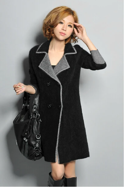 Mink cashmere coat Britishness thickened cardigan jacket long low collar double breasted size sweater |