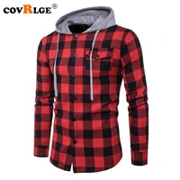 covrlge men fashion hooded shirt 2018 autumn new mens long sleeve red plaid shirts casual denim shirt big sizes menswear mcl182