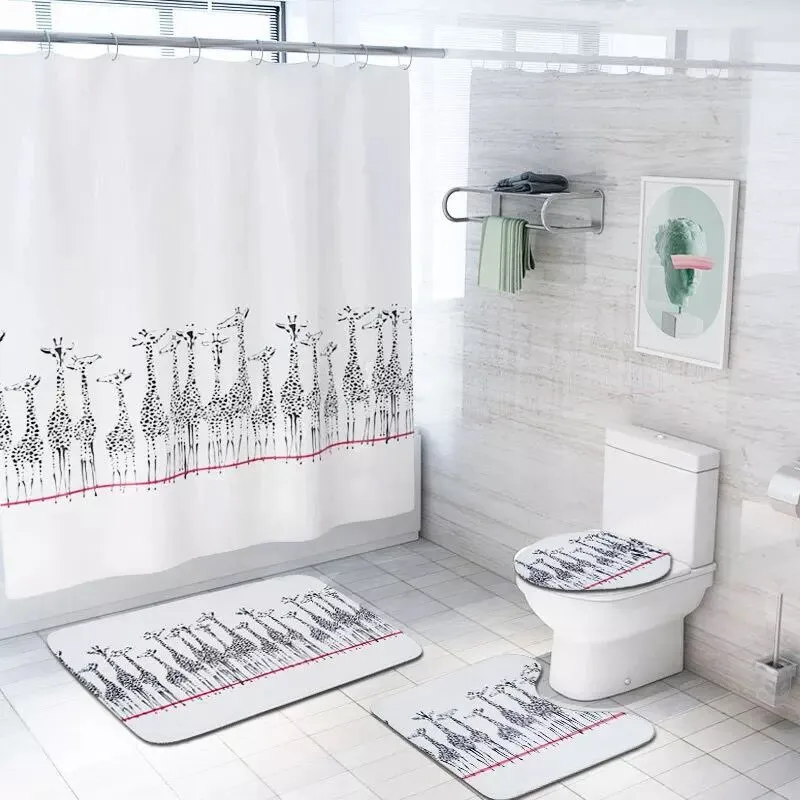 

4PCS Polyester Shower Curtain Set Giraffe Printed Bath Curtain 180x180cm With Modern Anti-slip Flannel Bath Mat Set