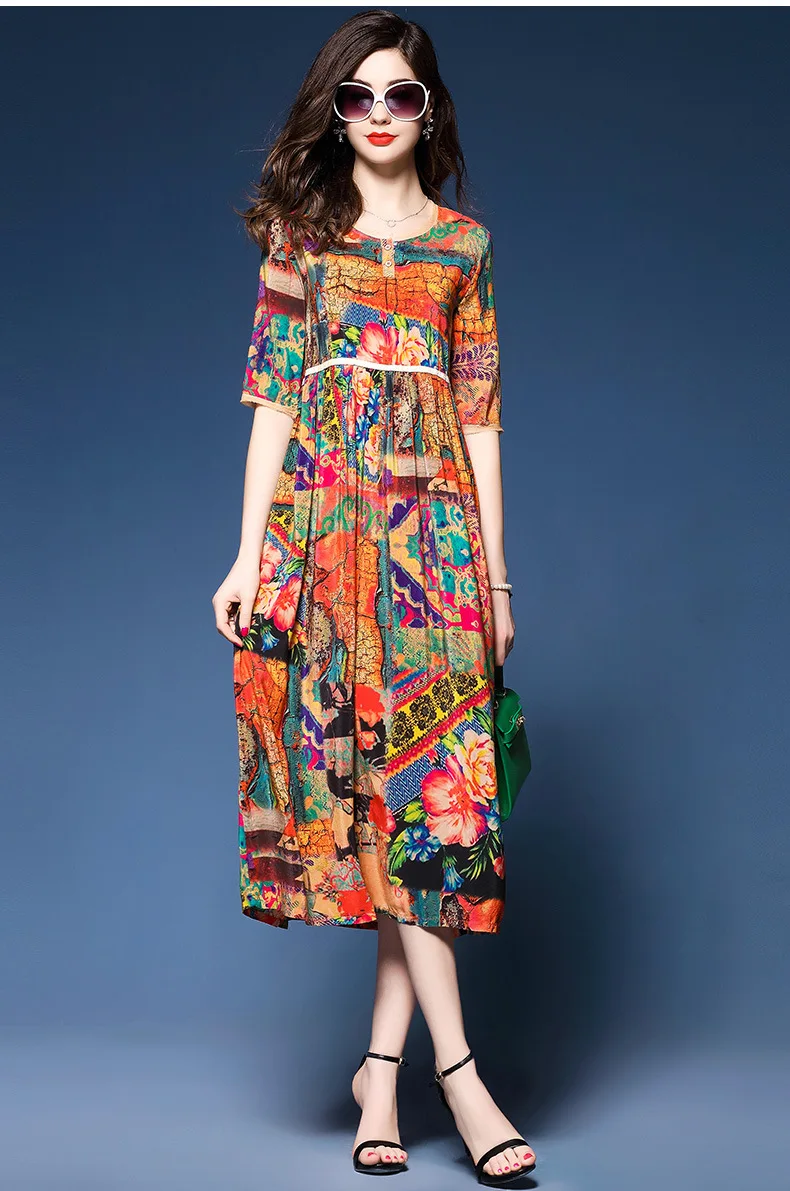 2017 O-Neck Summer Autumn High Qualit New Fashion Silk Crepe Big Print Empire Style Long Dress | Женская одежда