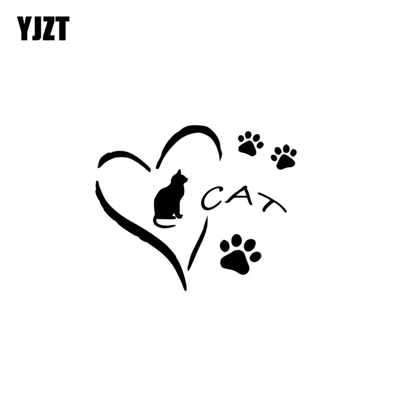 

YJZT 14.3CM*11.8CM Cat Decal Vinyl Car Sticker Love Heart Paw Prints Cute Kitten Black Silver C10-02352