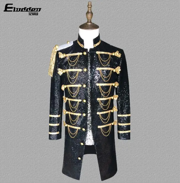 

Court clothes men suits designs homme terno stage singers jacket men Sequin chain blazer dance star style military uniform black