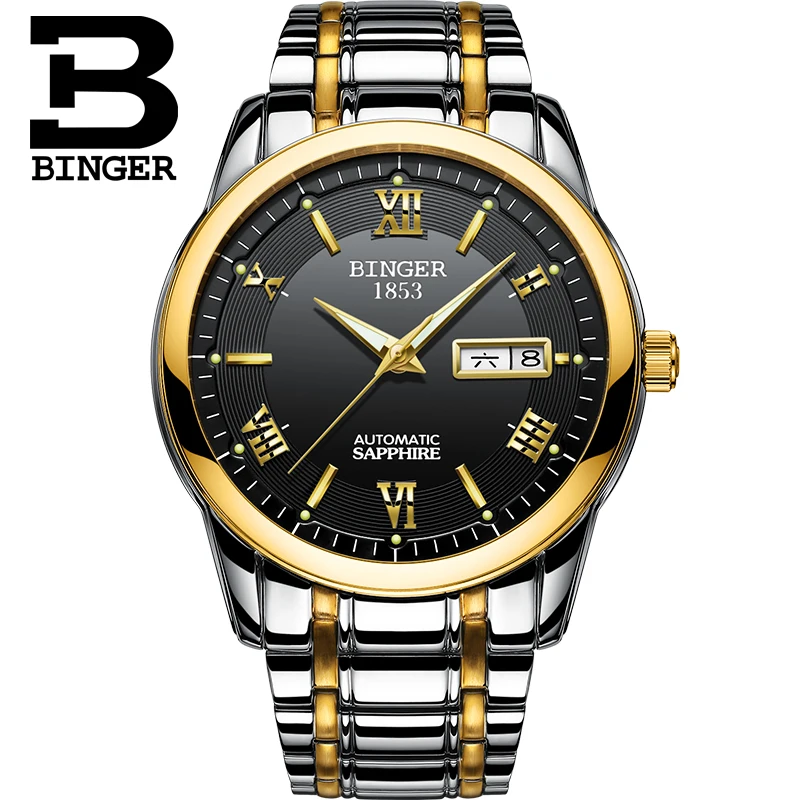 Mens Watches Top Brand Luxury Automatic Mechanical Watch Clock BINGER 2017 New Series Auto Date Golden case relogio masculino| |