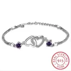 Женский браслет из серебра 925 пробы, с двойным сердцем и фиолетовыми фианитами