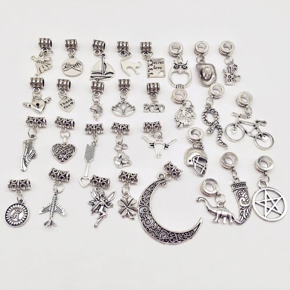 

30 pcs/30 different Vintage Tibetan silver Bead Charms alloy big hole Bead pendants fit earring Bracelets charms jewelry Making