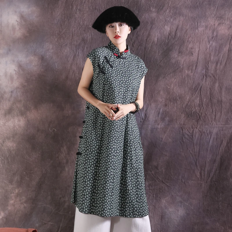 Женское платье с цветочным рисунком хлопковое льняное винтажное Cheongsam 2019 летнее