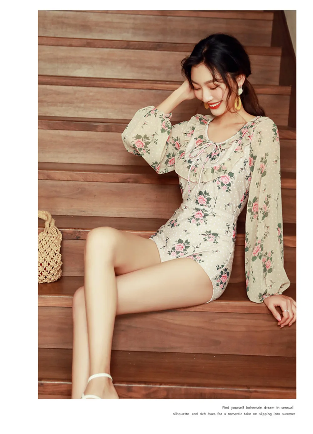 Long Sleeve One Piece Swimsuit Women Floral Swimwear Chiffon Monokini Push Up Swim Suit Ruffle Trikini Pad Bath Suit Backless