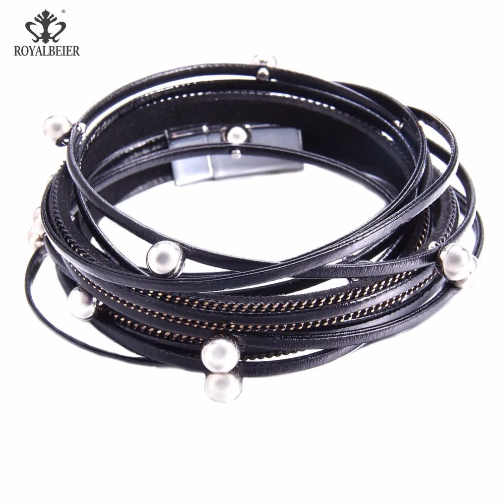 ROYALBEIER Jewelry Bracelets for Women Multi-layer PU Leather Rope with Imitation Pearl Winding Bangles Dropshipping | Украшения и