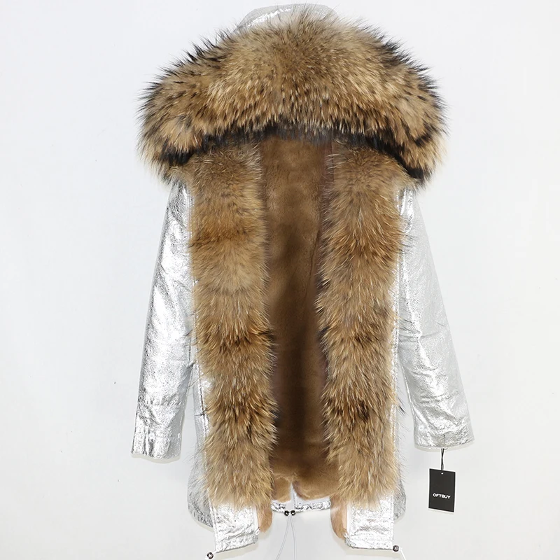 OFTBUY длинная парка, пальто из натурального меха енота, зимняя куртка для женщин, уличная верхняя одежда, Толстая Теплая Повседневная куртка с большим меховым воротником - Цвет: silver natural
