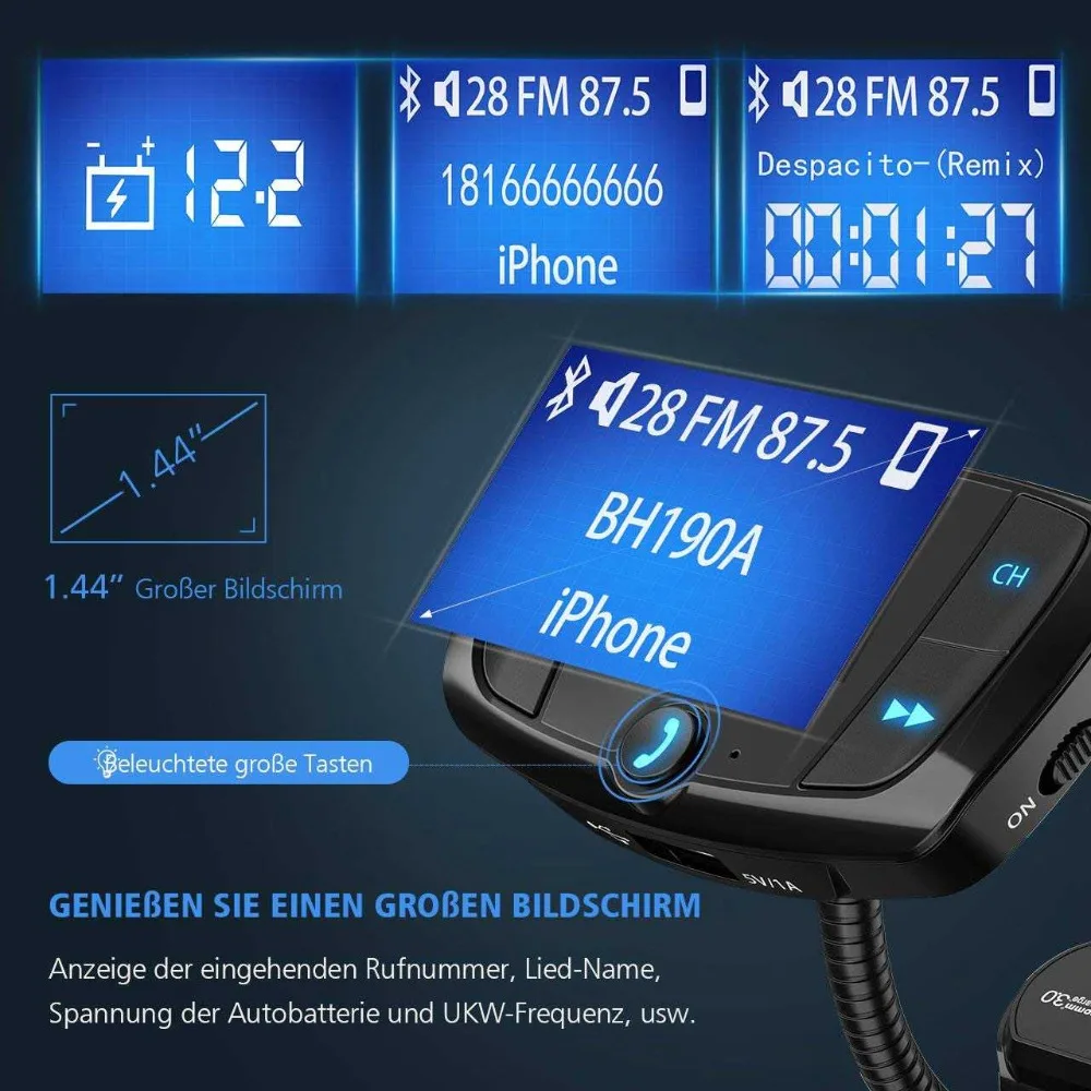 VicTsing Bluetooth fm-передатчик автомобильный комплект Беспроводное зарядное устройство беспроводной радиоадаптер с двумя usb-портами Встроенный микрофон