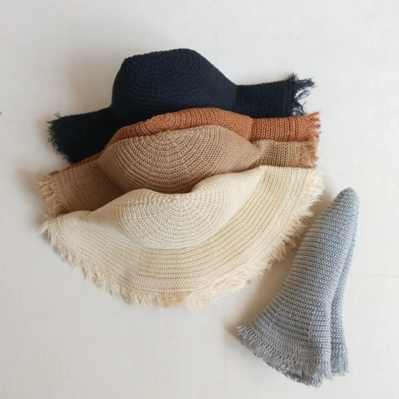 

Hand-knitted solid color sun hat big hat bristle side breathable straw hat ladies summer sunscreen sunscreen beach hat foldable