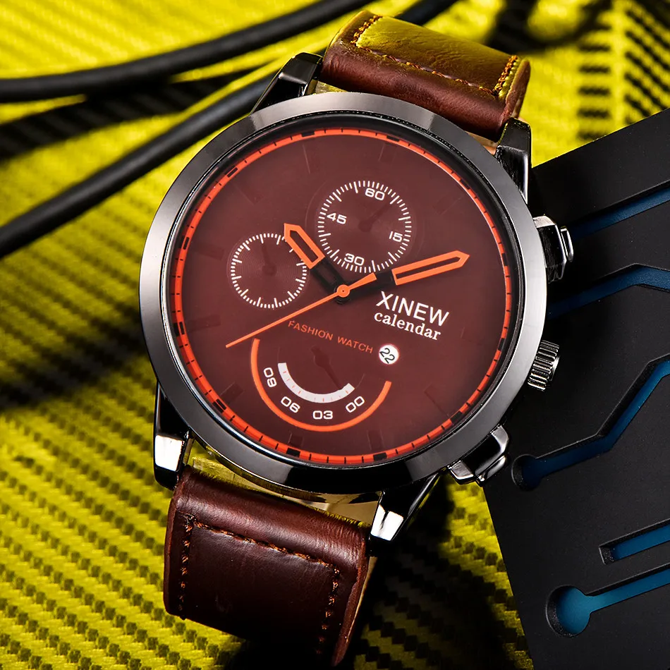 Мужские классические кварцевые часы XINEW спортивные водонепроницаемые с кожаным