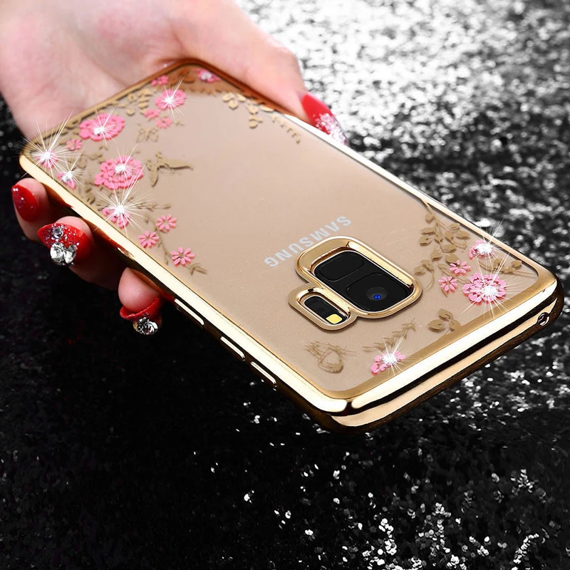 Для Samsung Galaxy J3 J4 J6 J7 J8 2018 чехол для вспышки с цветком из ТПУ мягкий бриллиантами на
