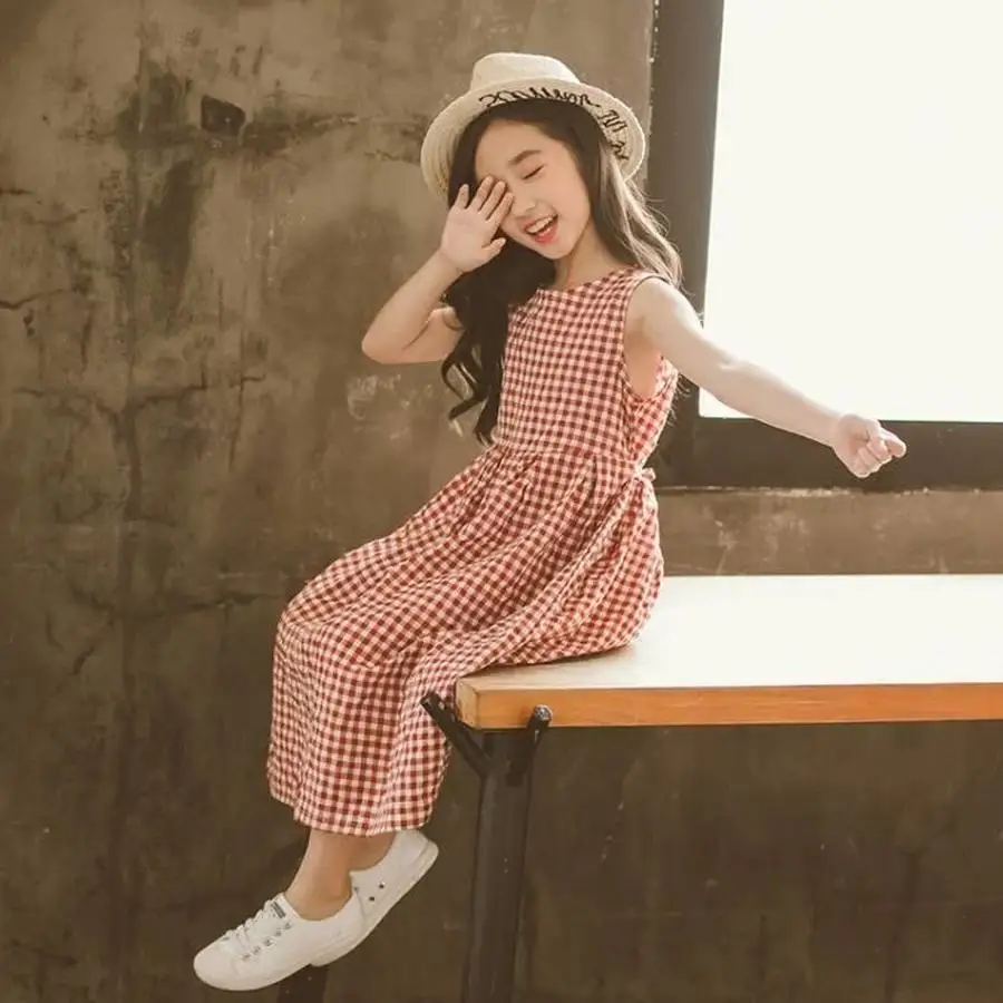 Red Plaid Dress for Girls Summer Kids England Fashion Linen Long Dresses Teen Girl Sleeveless Maxi 8 10 12 14 | Детская одежда и