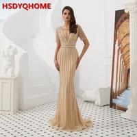 sexy front v cut out illusion evening dress mesh short sleeve shiny crystal stripe new mermaid party gown