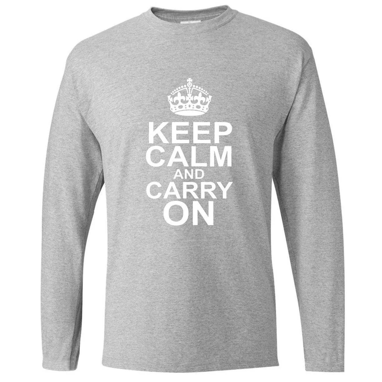 Мужская футболка с длинным рукавом Keep Calm And Carry On белая из 100% хлопка буквенным