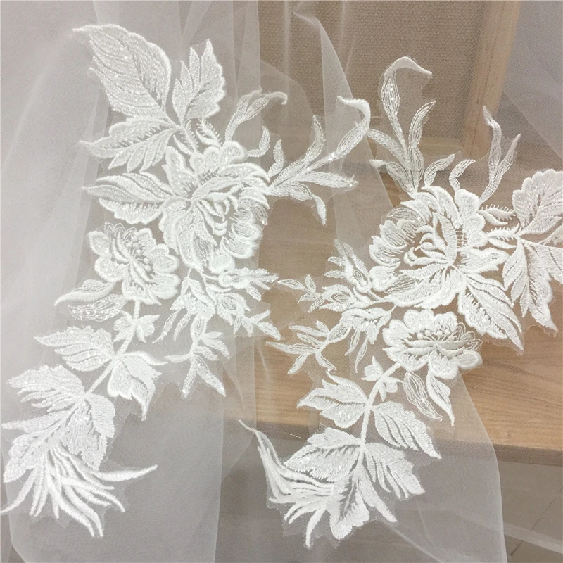 

5 pairs 10 pieces Off white clear sequin floral lace applique pair , embroidered tulle lace patch bridal veil wedding gown lace