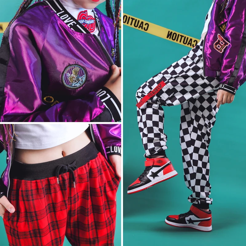 2019 New Children Street Jazz Dance Costume Suit Boys Girls Modern Hip Hop Clothing Purple Jacket Plaid Pants Tide DL3573 | Тематическая