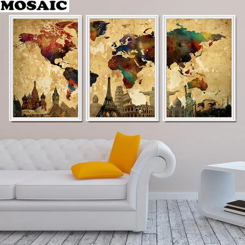 

5d diamond painting full drill square,Cross Stitch Mosaic diamond Embroidery 3pcs/set Vintage travel world map,home decoration