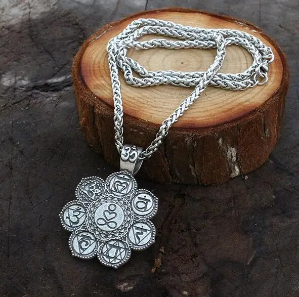 stainles steel chain 1 шт. Йога 7 Шарм в виде чакры кулон буддийские амулеты ювелирные изделия цветок лотоса круг ожерелье медитация, йога Ом или внимательность амулет - Окраска металла: stainles steel chain