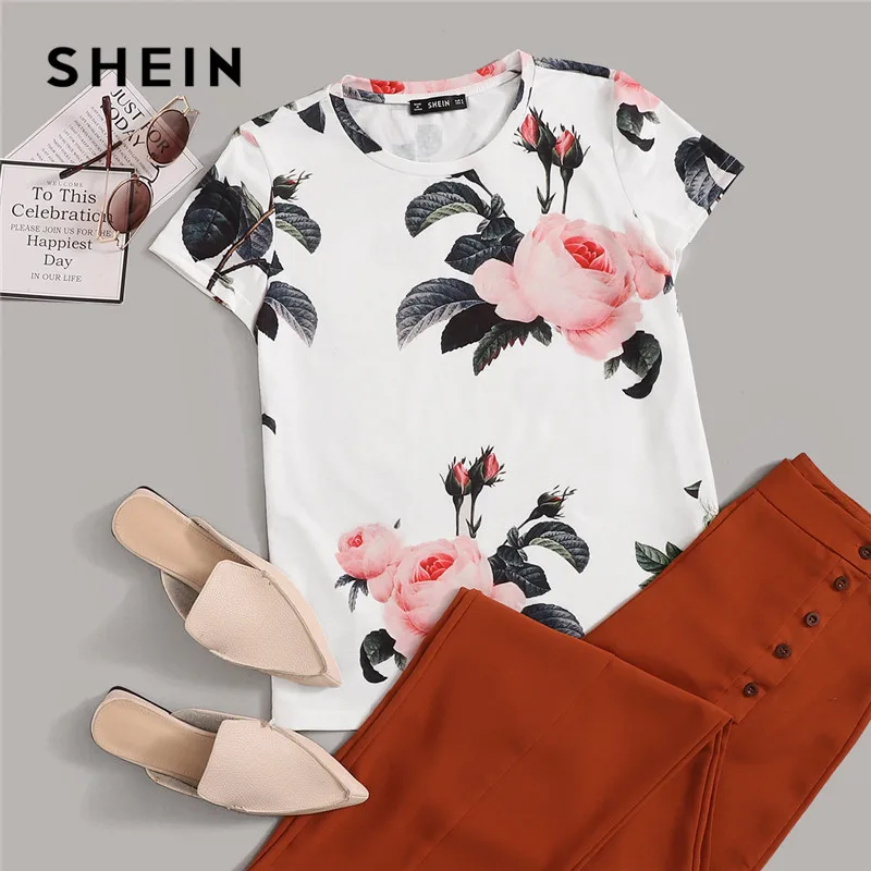 SHEIN, женская футболка с круглым вырезом и цветочным принтом,, Повседневная летняя футболка с коротким рукавом, белые женские топы на выход