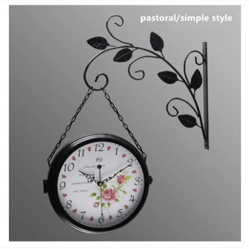 Железные простые пасторальные настенные часы с двойным планшетом тихие