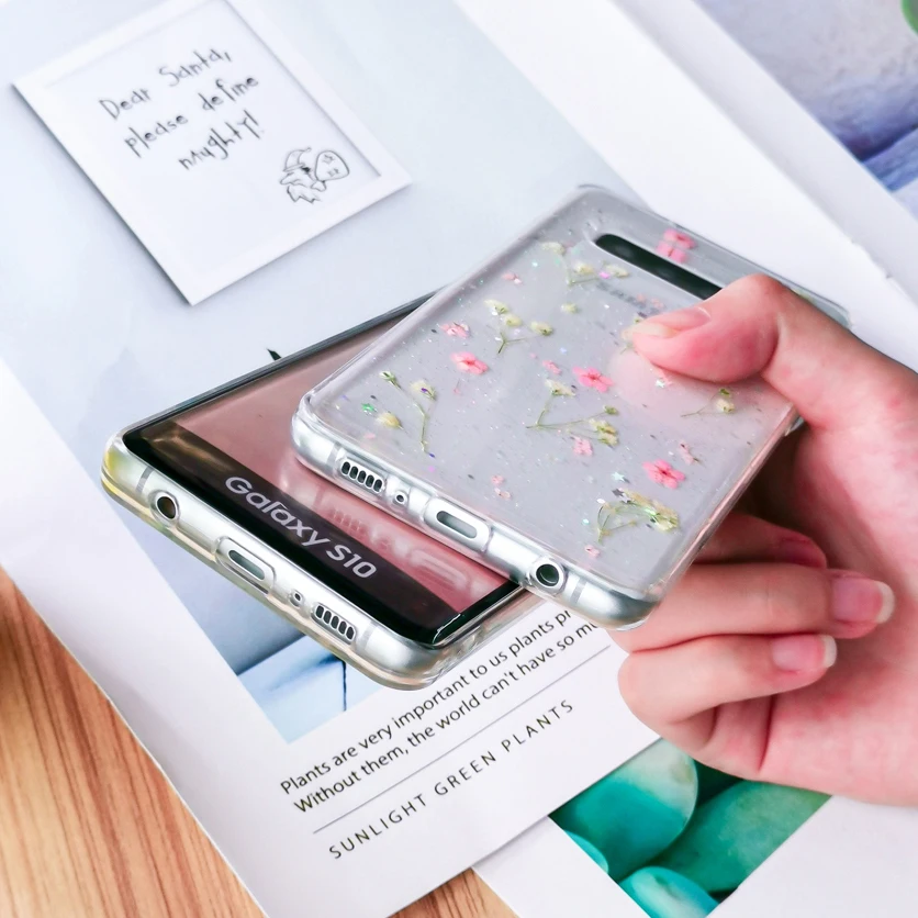 Прозрачные блестящие чехлы с высушенными цветами для samsung Galaxy S10 S9 Plus, прозрачные блестящие накладки на заднюю панель с настоящими цветами для Galaxy S9