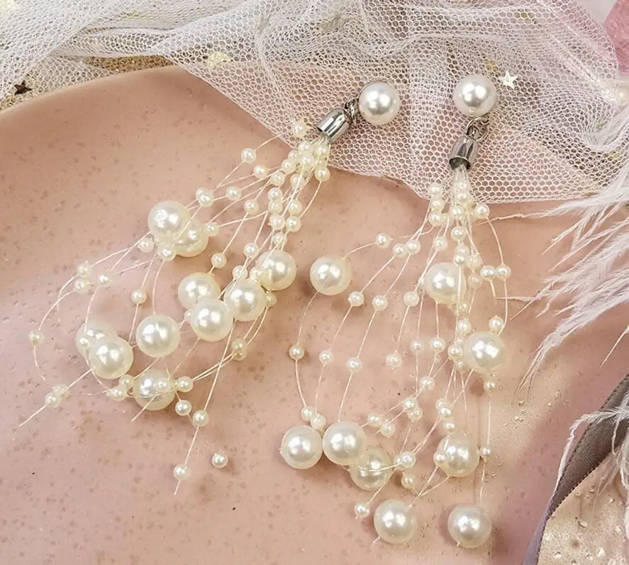 2018 New Elegance Women Tassel White Lace Earings Rhinestone Joker Simulated Pearl Bead Drop Pendientes Brincos | Украшения и
