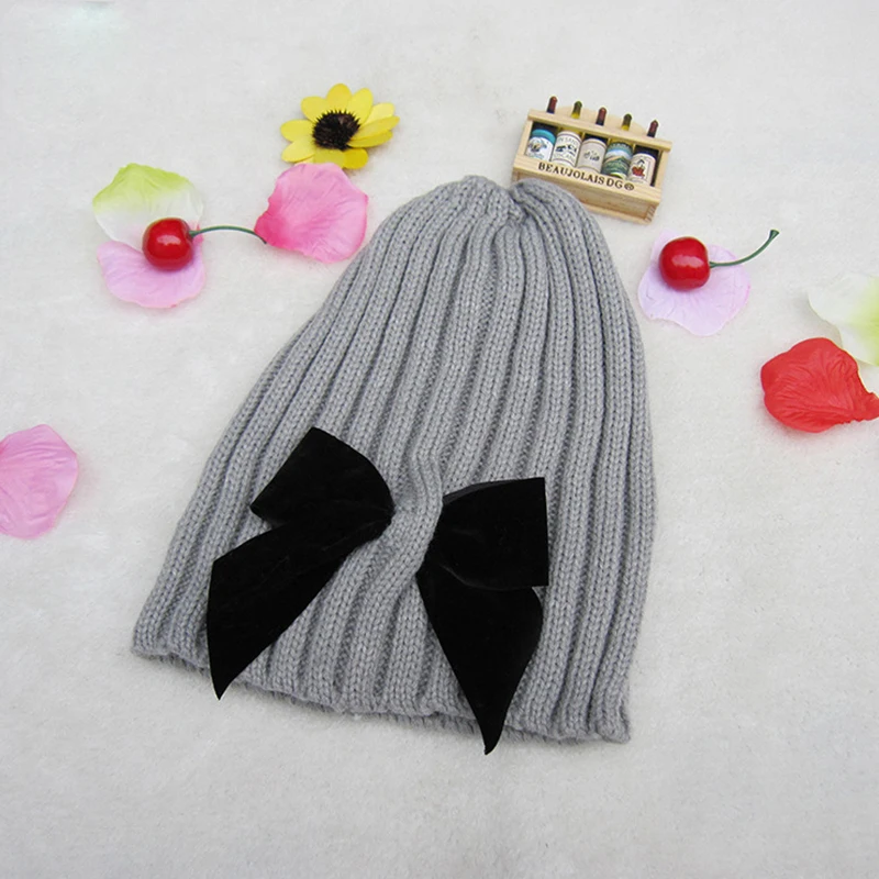 Winter Hat Kids Baby Bowknot Girls Pompon Warm Children Casual Solid Color Kid Knitted Cap For Boys | Детская одежда и обувь
