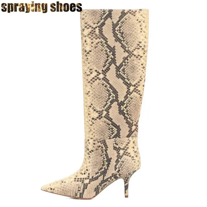 Модные женские сапоги до колена со змеиным принтом туфли-лодочки на высоком