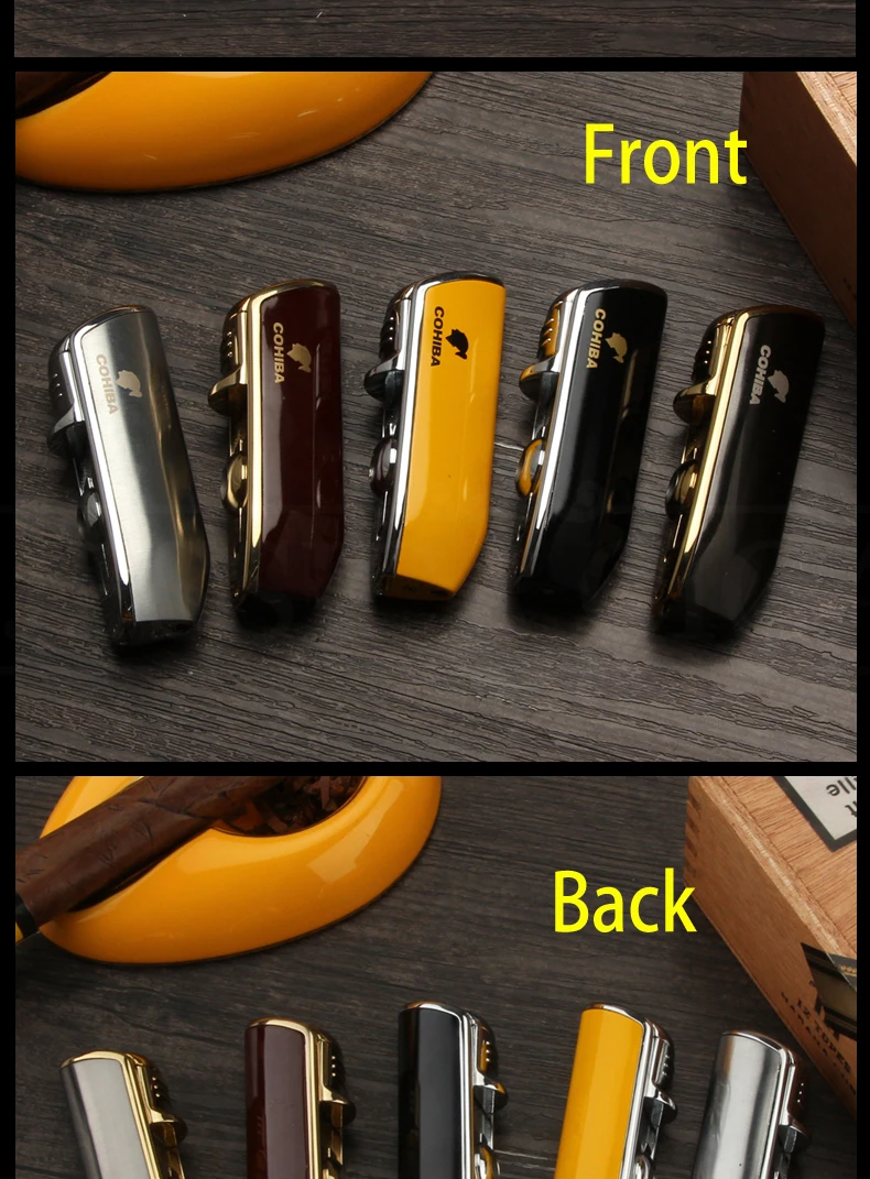 COHIBA металлическая ветрозащитная Мини карманная сигарная зажигалка, 3 струйный синий фонарь, зажигалки для сигарет с сигарой, подарочная коробка