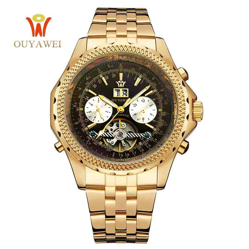 gold black OUYAWEI, мужские деловые часы, люксовый бренд, деловые автоматические полые турбийон, мужские часы с датой, наручные часы, Relogio Masculino - Цвет: gold black