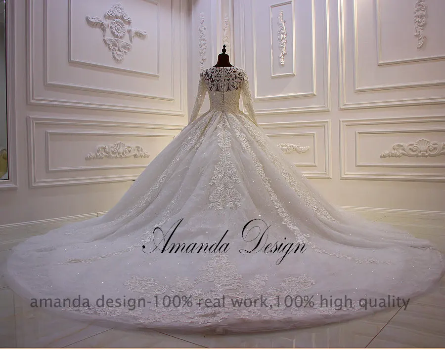 Аманда дизайн brautkleider hochzeitskleid С Длинным Рукавом Кружевная аппликация с жемчугом индейки свадебное платье