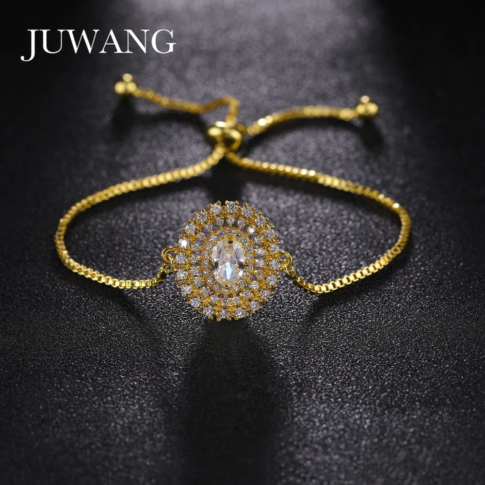 

JUWANG Brand Designs Round Cubic Zirconia Charm Bracelet Rhinestone Gold/Sliver Color Chain Link Strand Bracelets for Woman