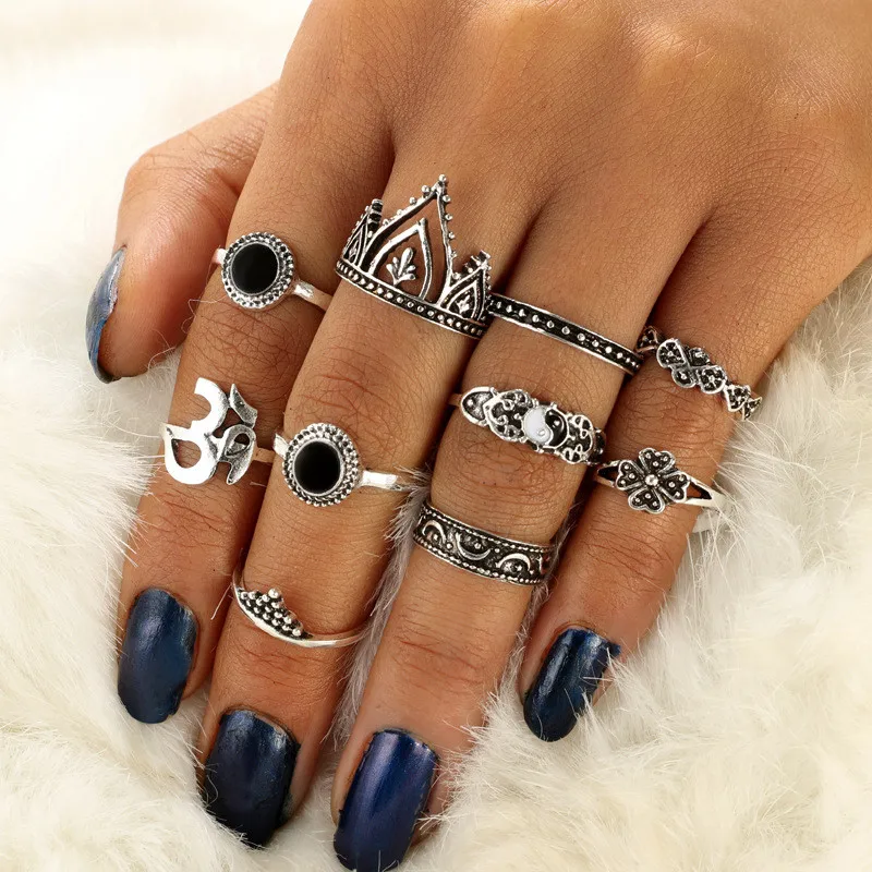 IFFURMON Богемия опал кольца набор для женщины Тибетский черный камень Мода Bijoux