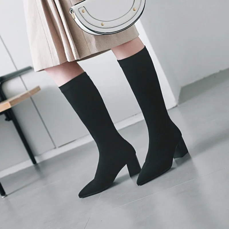 

Winter Women Shoes Mid-Calf Boots Flock Nubuck Pointed Toe Big Size Square High Heels Slip-on Solid Rome Fashion Fleeces Insole